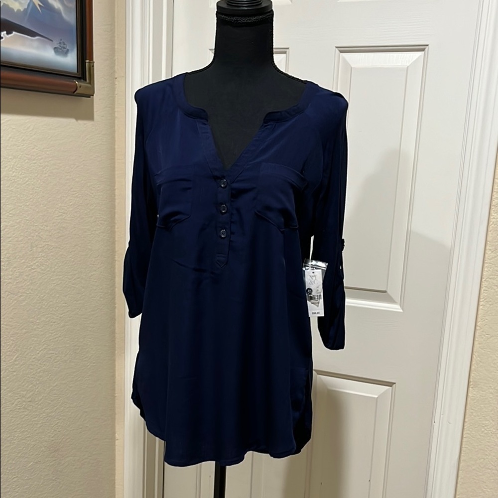 New York and Company Top Medium Navy Roll Tab Sleeve Henley Chiffon Front Rayon